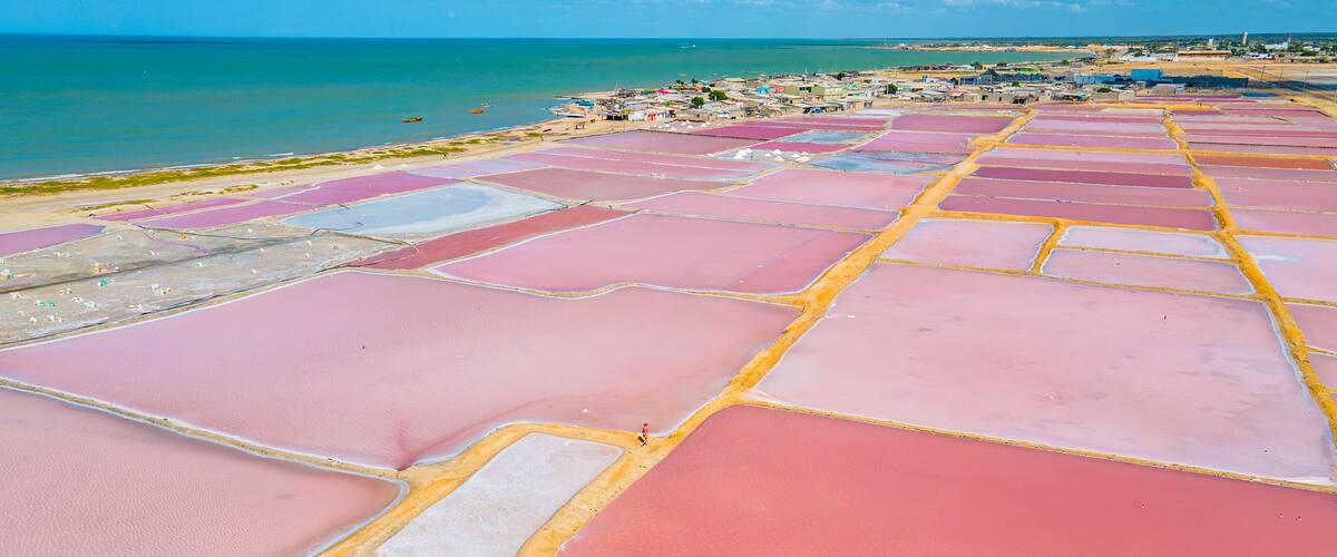 A salt flat with pink and white hues, a beach, and a distant shoreline.