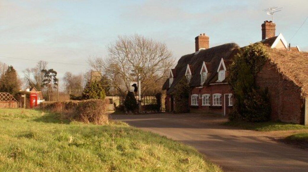 Framsden village The building on the right is 'The Dobermann Inn' and the tower of St. Mary's church can be seen in the distance.