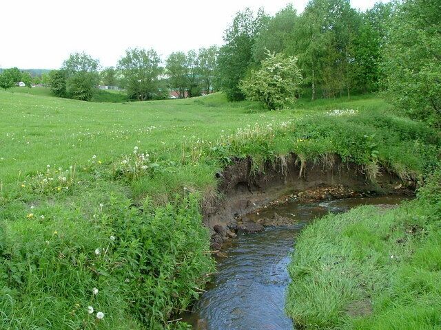 Biddulph Brook. In the background is the Biddulph Valley Leisure Centre built right over the brook, which is culverted under the sports hall (genius!) The floor has since been replaced twice.