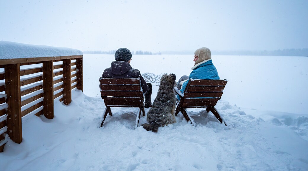 Couple with dog sitting on snowy lakeside enjoying winter scenery.