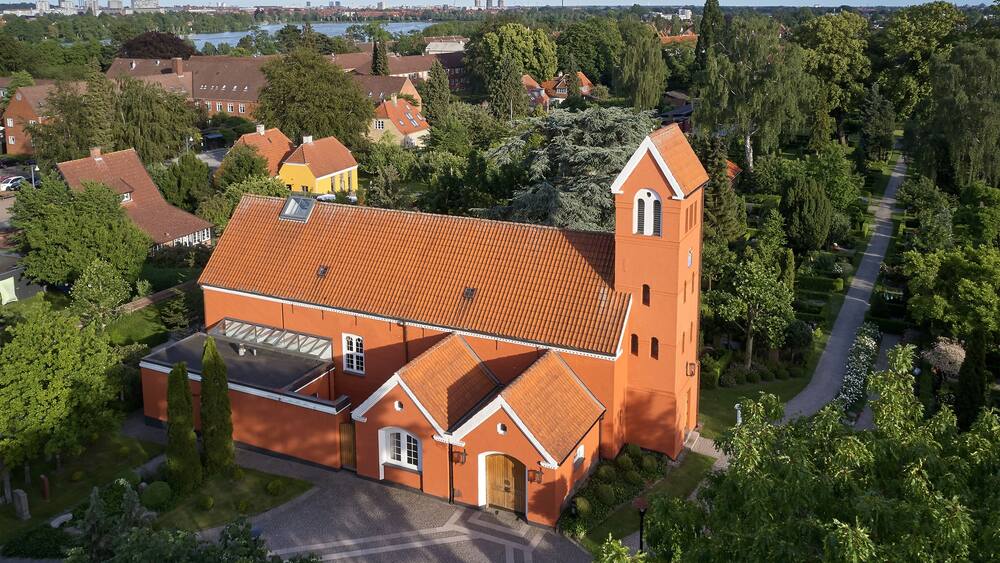 Aerial view of Roedovre church located on Zealand in Denmark