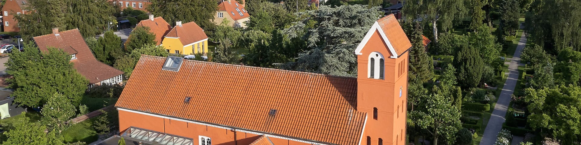 Aerial view of Roedovre church located on Zealand in Denmark