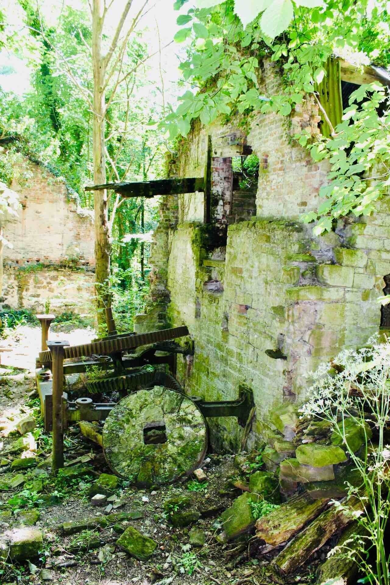 An abandoned stone structure with overgrown vegetation, a rusted wheel, and a wooden beam.