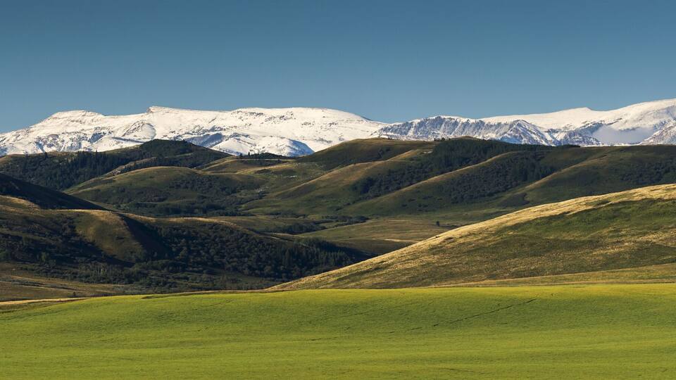 Rolling green hills and snow-capped mountains in the background.
