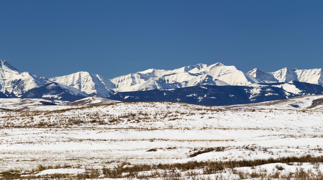 Panarama Of Snow Covered Rolling Hills With Snow Covered Mountains In The Background With Blue Sky; Longview, Alberta, Canada