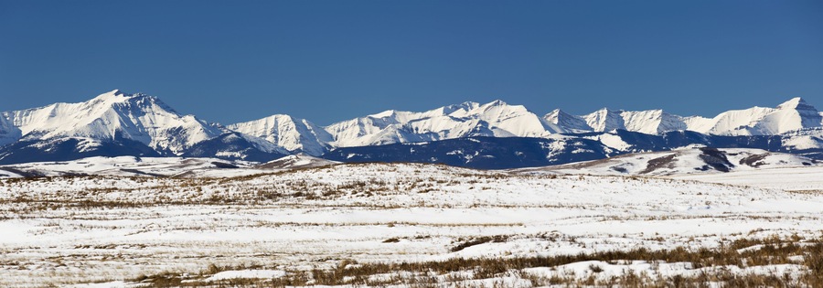 Panarama Of Snow Covered Rolling Hills With Snow Covered Mountains In The Background With Blue Sky; Longview, Alberta, Canada