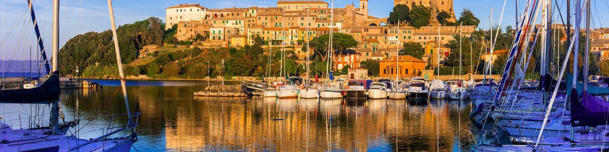 travel in Italy - picturesque tranquil Capodimonte village in lake Bolsena over sunset.