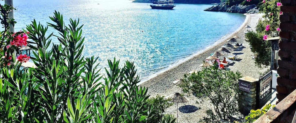 A coastal landscape with a beach, boats, and lush greenery.
