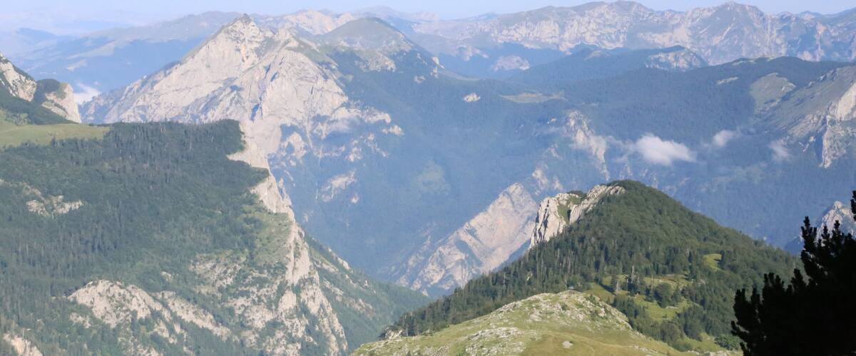 A mountainous landscape with rugged peaks and dense forests.