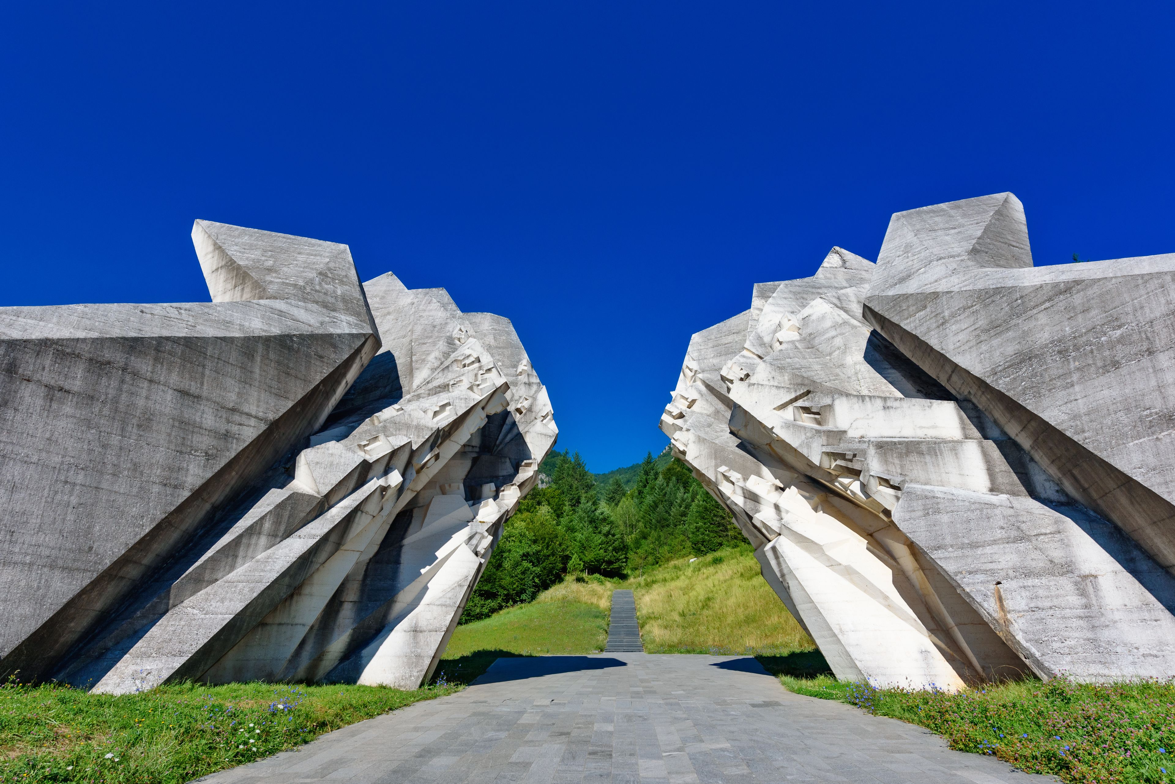 Sutjeska National Park, Bosnia and Herzegovina - August 01, 2023: The World War II monument in Sutjeska National Park, Bosnia and Herzegovina. Memorial complex Tjentiste.