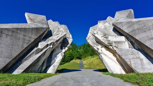Sutjeska National Park, Bosnia and Herzegovina - August 01, 2023: The World War II monument in Sutjeska National Park, Bosnia and Herzegovina. Memorial complex Tjentiste.