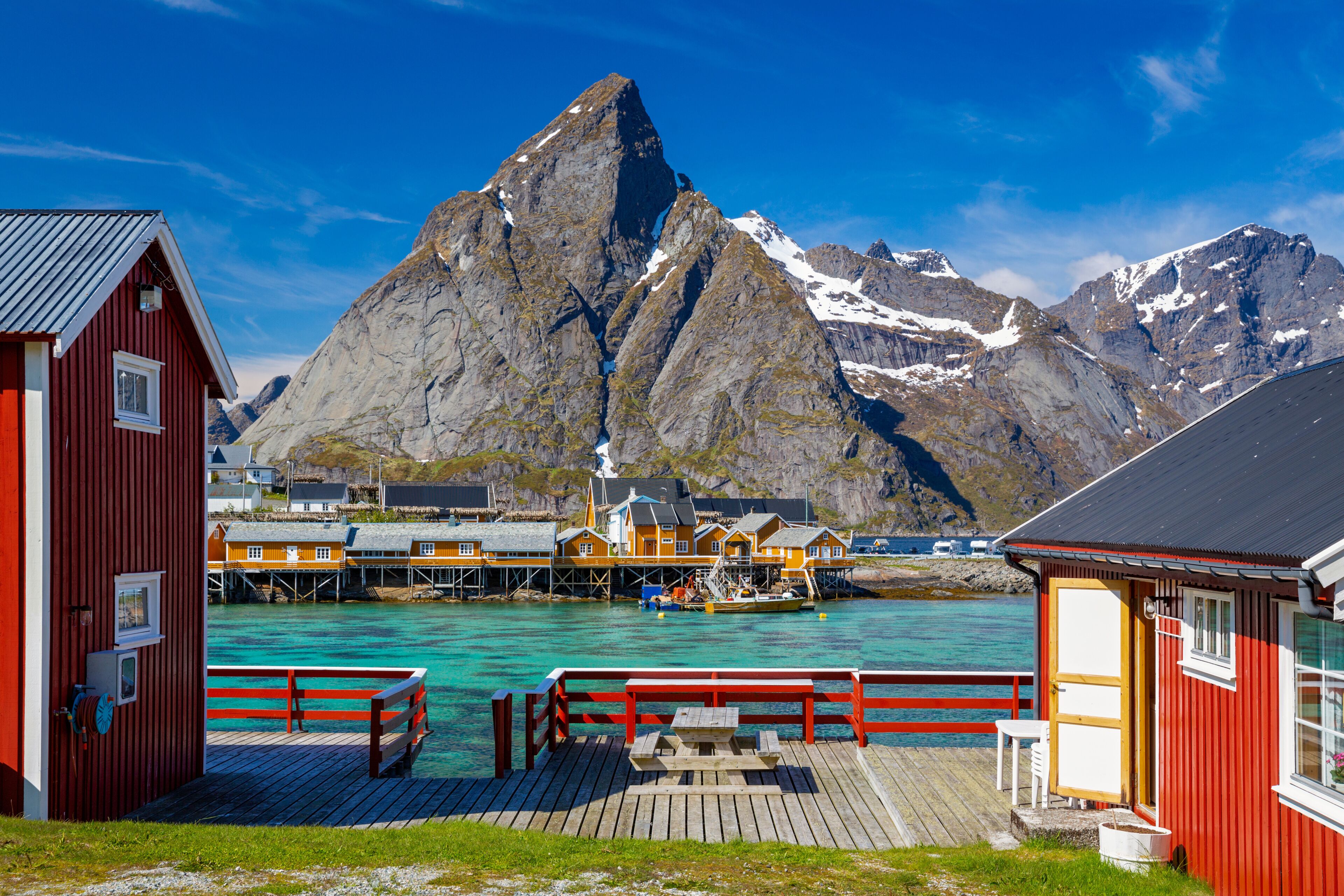 Hamnoy Village on Lofoten Islands,  Norway. The Typical Norwegian fishing village on Reinefjord,  With Rorbu Houses.
