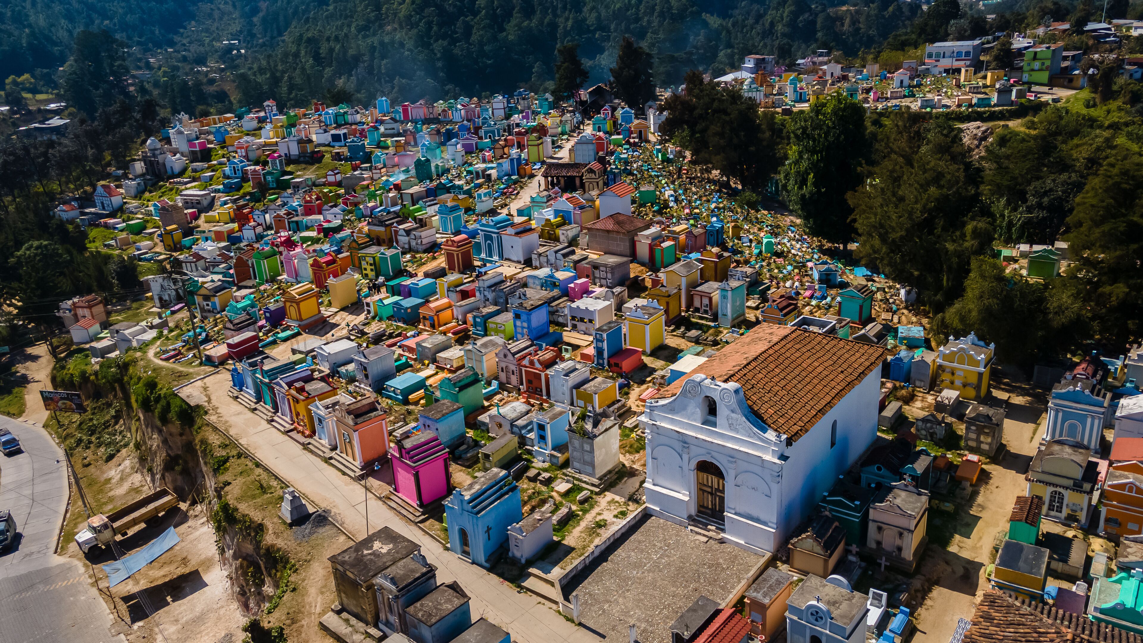 Beautiful aerial view of the Chichicastenango Cemetery, near the market and church in Guatemala