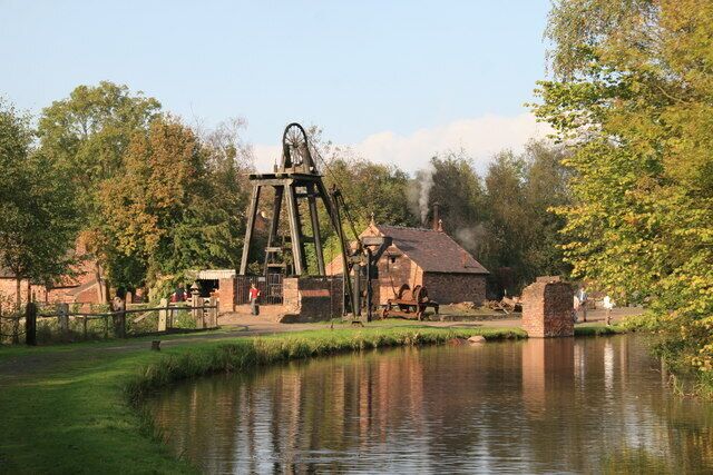 Reconstructed colliery, Blists Hill. This is on the site of an original colliery and uses the upper part of its shaft. The building houses a steam winding engine.