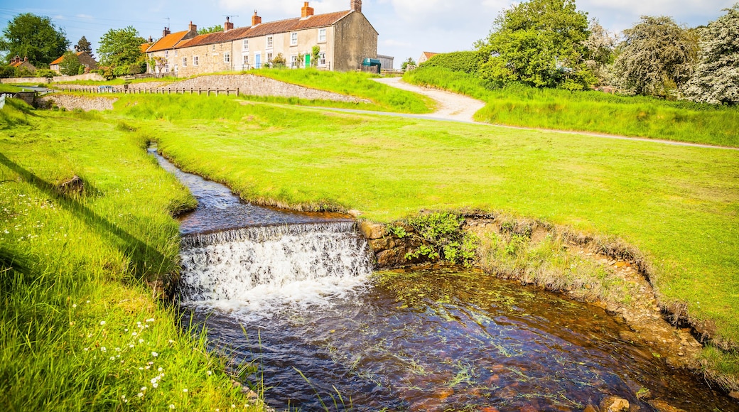 A rural landscape with a small stream, green fields, and a stone building in the background.