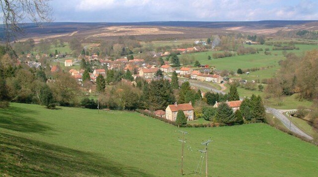 Hutton le Hole, North Yorkshire. This photograph is looking down on Hutton le Hole from near Westfield Lodge Farm. The farm sits on the top of one of the tabular hills that are a feature of this part of the North Yorkshire Moors.