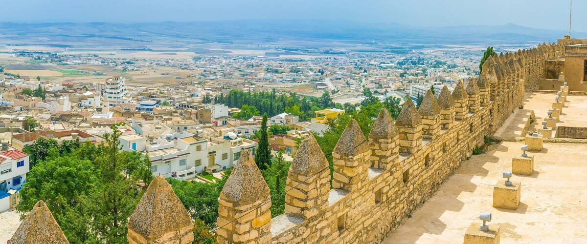 A historic stone wall with battlements overlooking a cityscape.