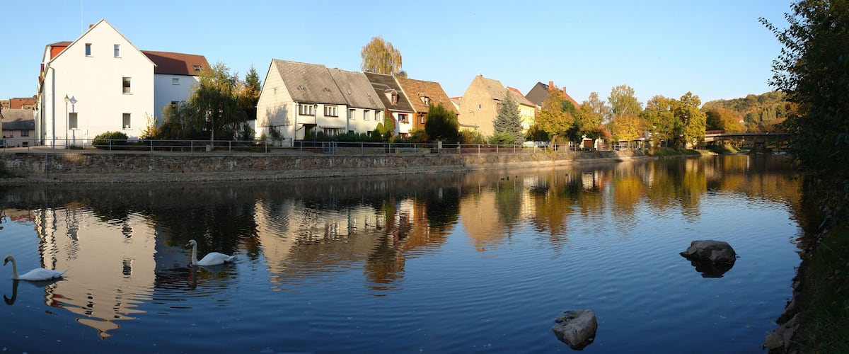A calm river with swans, a red building, and traditional houses along the riverbank.