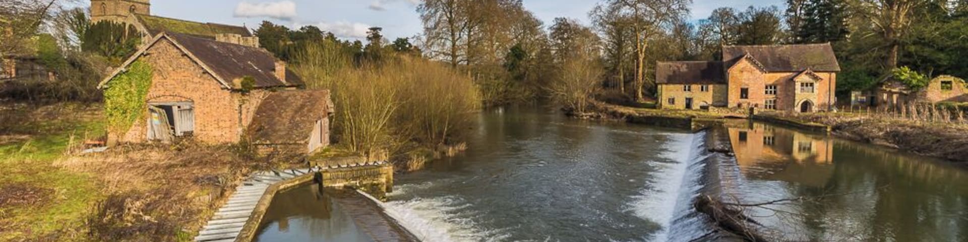 Photograph of a weir in the River Teme, Bromfield, Shropshire, England