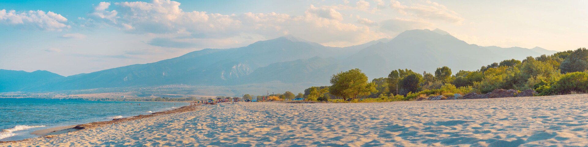 Panoramic view of beach and mount Olympus in Greece