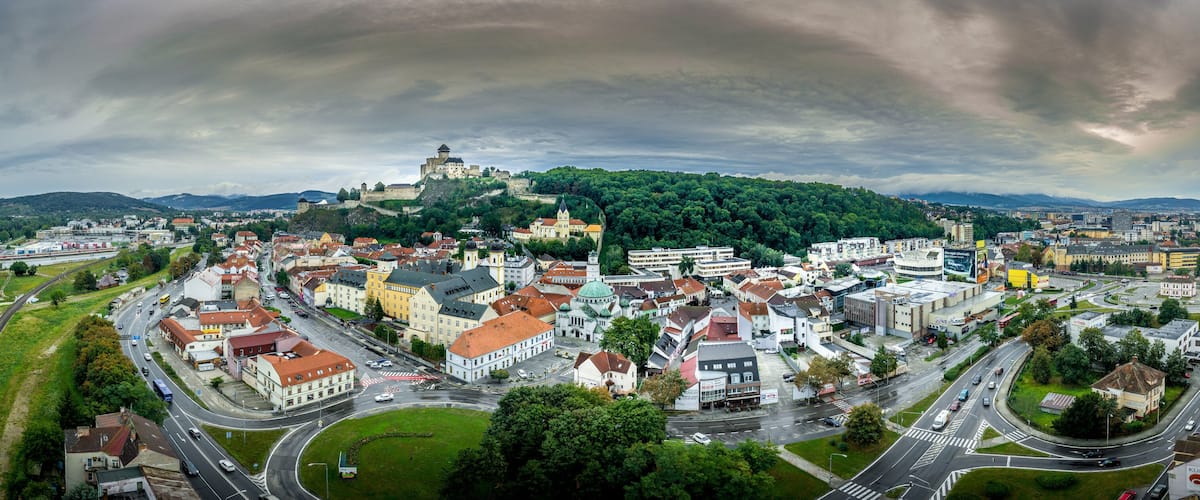 Aerial panorama of the Trencin Slovakia with the Vah river, bridges, castle, and medieval downtown