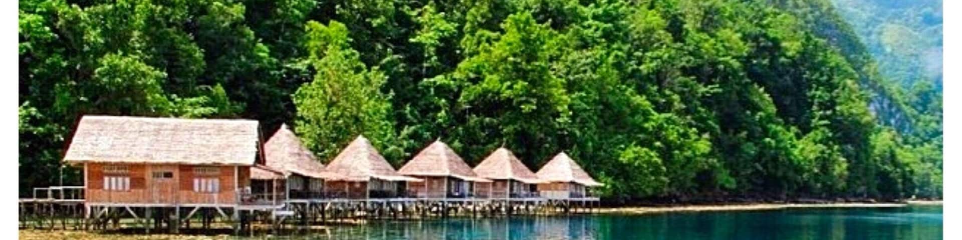 A clear tropical lake with overwater bungalows and lush green forest.