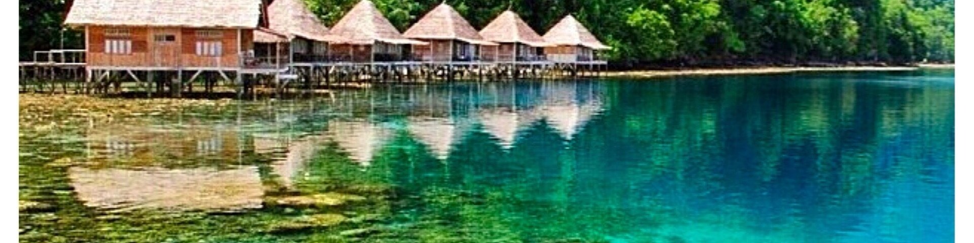Un lago tropical cristalino con bungalows sobre el agua y un bosque frondoso.