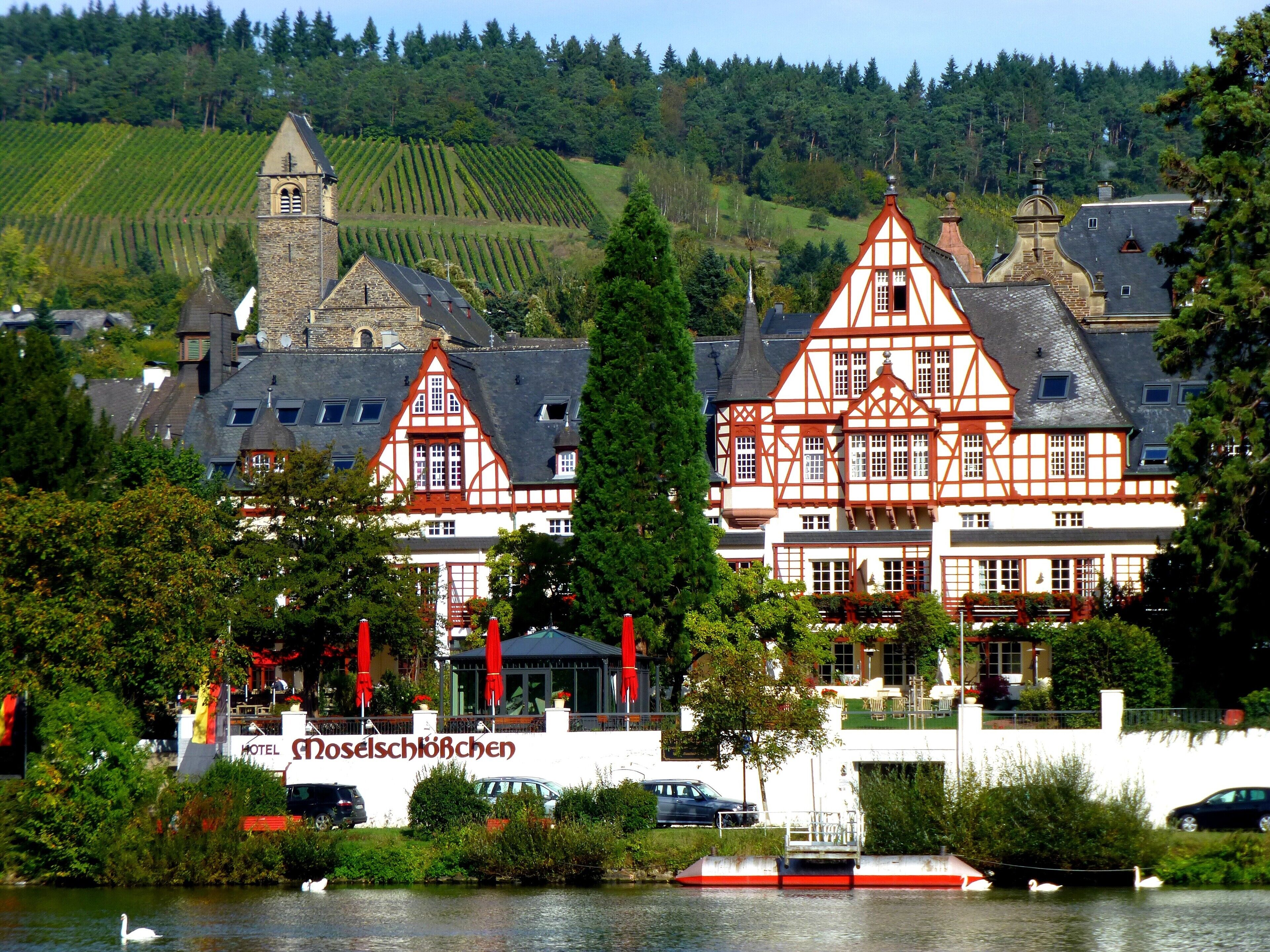 A traditional half-timbered building with a tower, surrounded by lush greenery and vineyards.