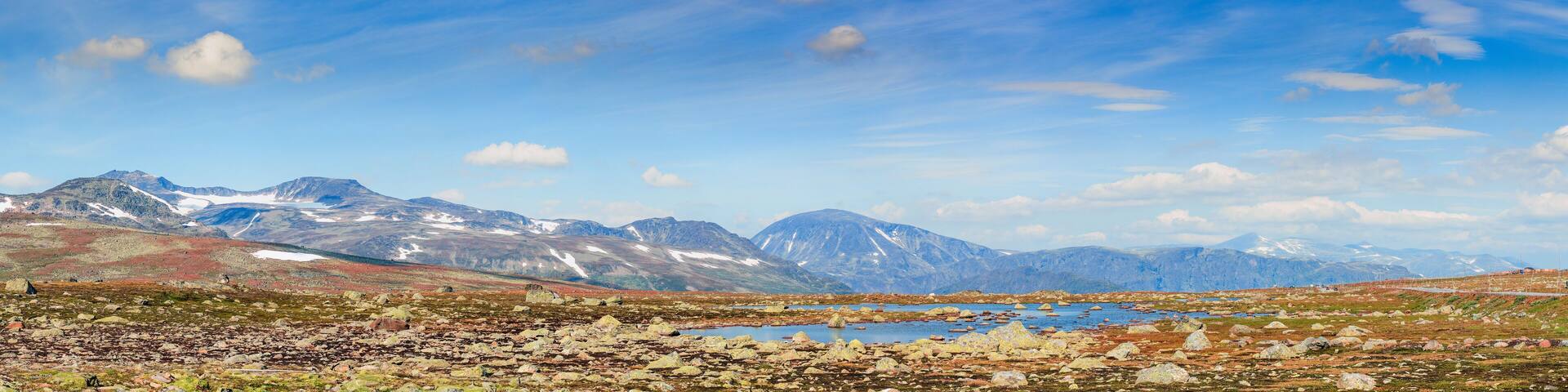Mountain panorama with lake in Jotunheimen national park in Norway, Europe