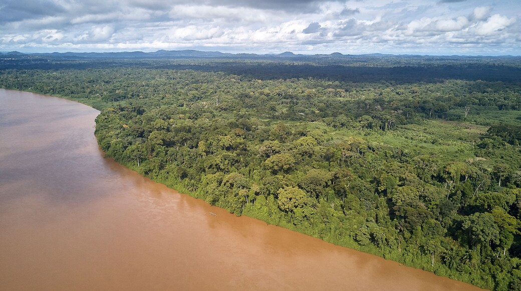 Cameroon, Aerial view of Sanaga river in landscape