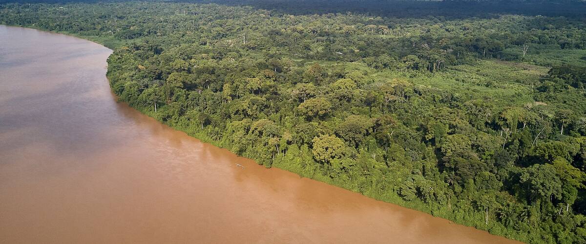 Cameroon, Aerial view of Sanaga river in landscape