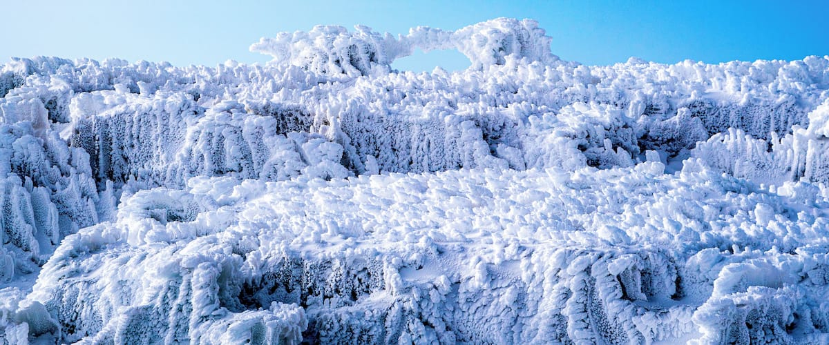 A snowy landscape with dense snow coverage and a clear blue sky.