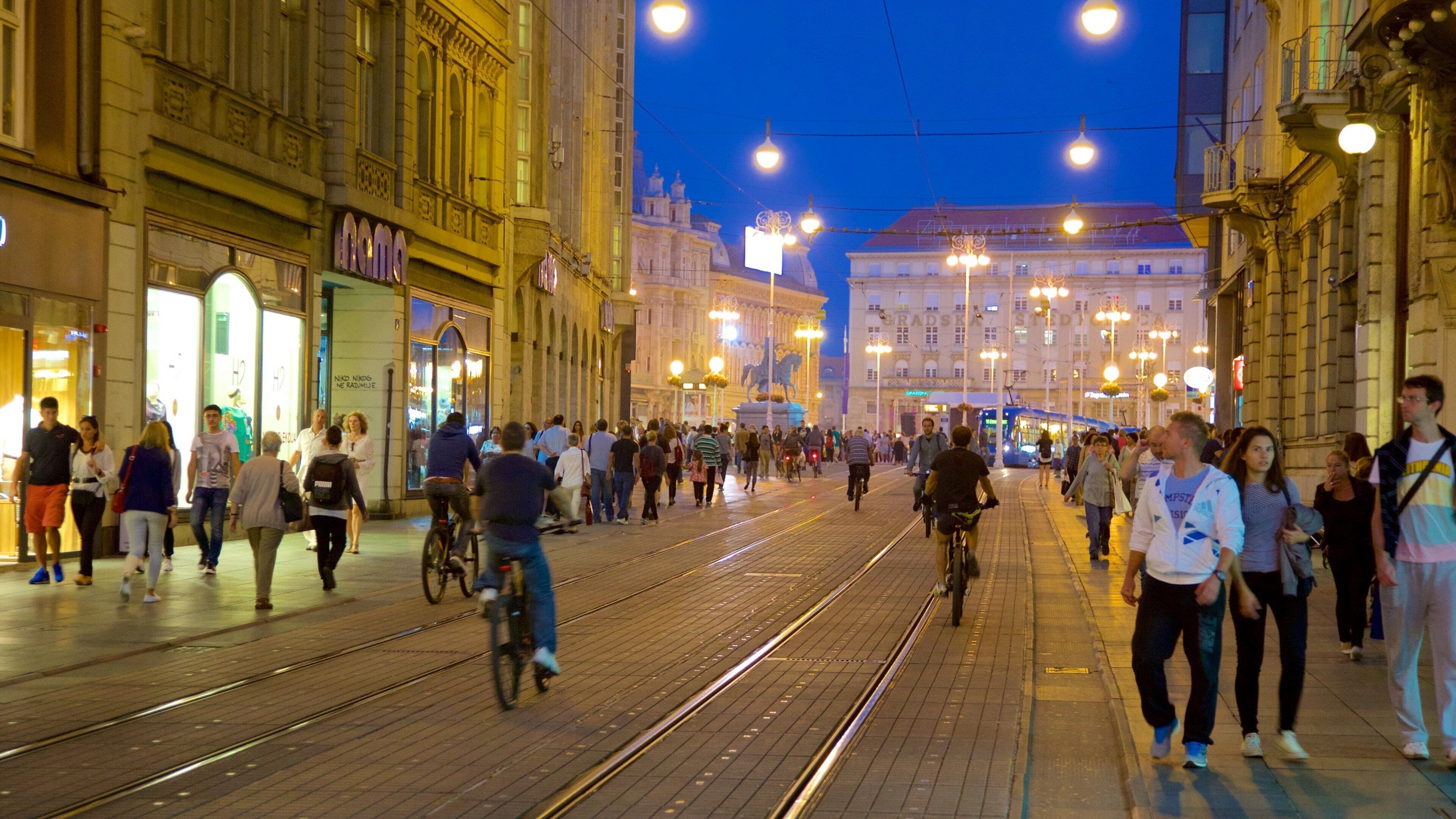 Donji Grad which includes nightlife, street scenes and railway items
