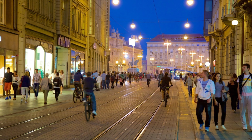 Donji Grad which includes nightlife, street scenes and railway items