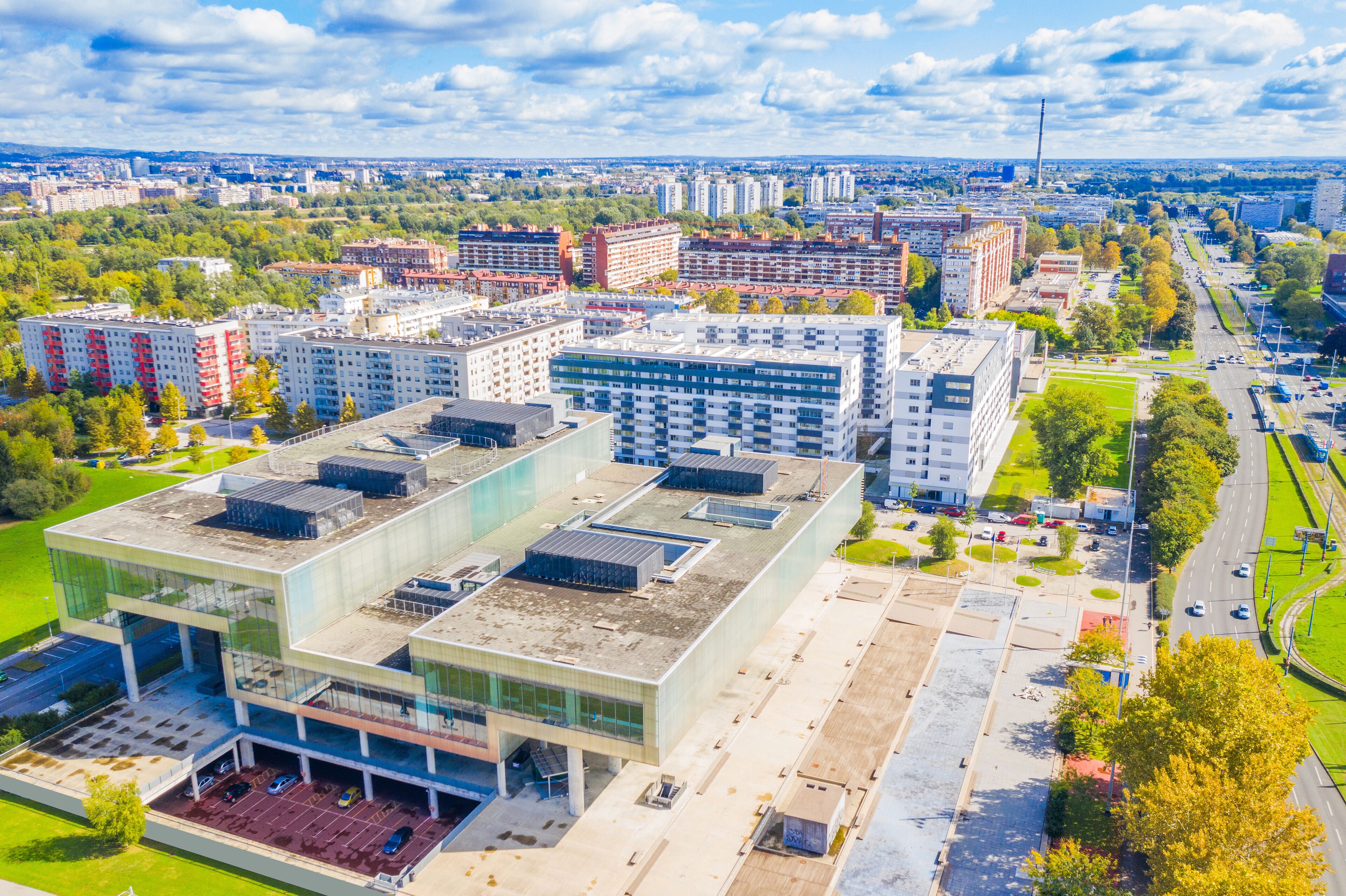Zagreb, Croatia, aerial shot of Avenue Dubrovnik in Novi Zagreb neighbourhgood in autumn from drone