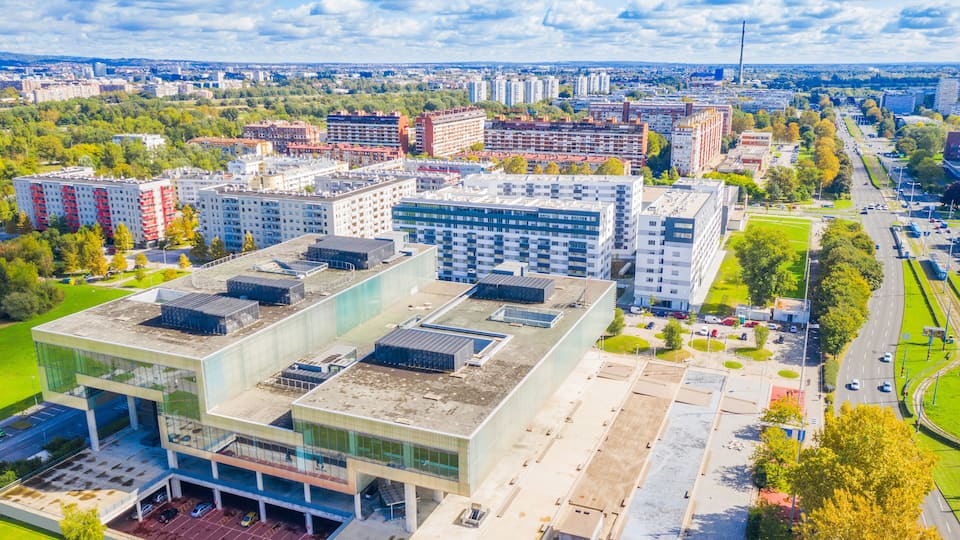 Zagreb, Croatia, aerial shot of Avenue Dubrovnik in Novi Zagreb neighbourhgood in autumn from drone