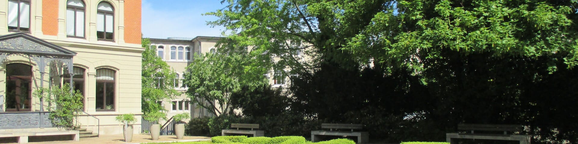 view over the special garden and the water reserve to the building