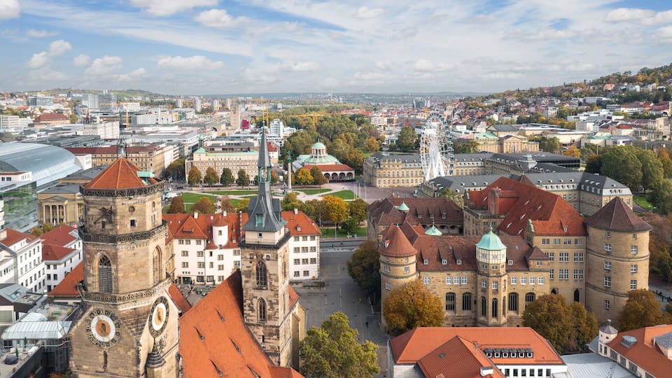 Beautiful autumn aerial skyline cityscape of Stuttgart Mitte, Baden-württemberg, Germany. Landmarks: Old Castle (Altes Schloss), Stiftskirche, Schlossplatz in background