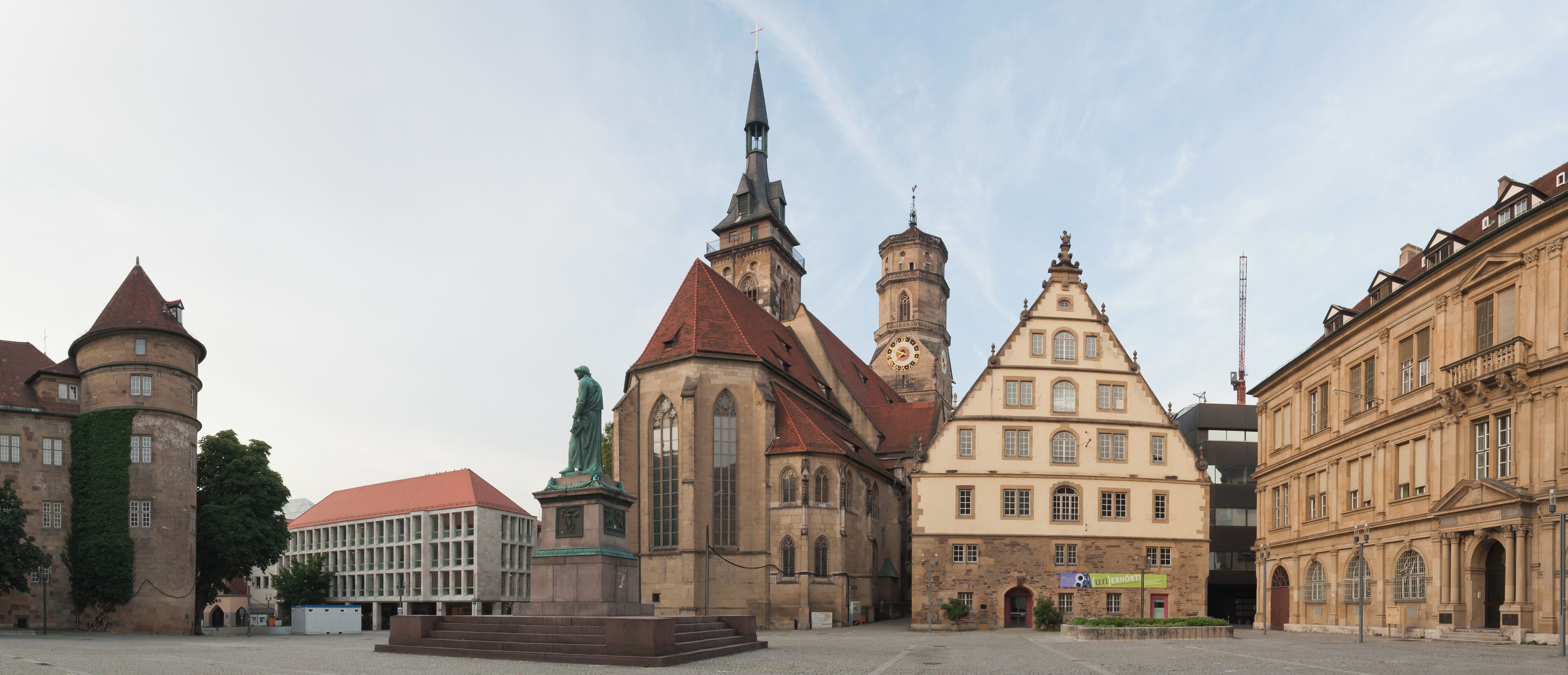 Schillerplatz (Schiller square) and the Protestant Stiftskirche in Stuttgart.
