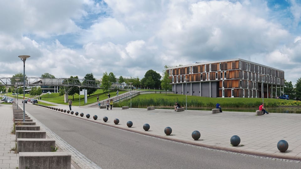 Panorama of "Internationales Zentrum", "Gastdozentenhaus" and the surrounding area on the campus of Stuttgart University, Germany.