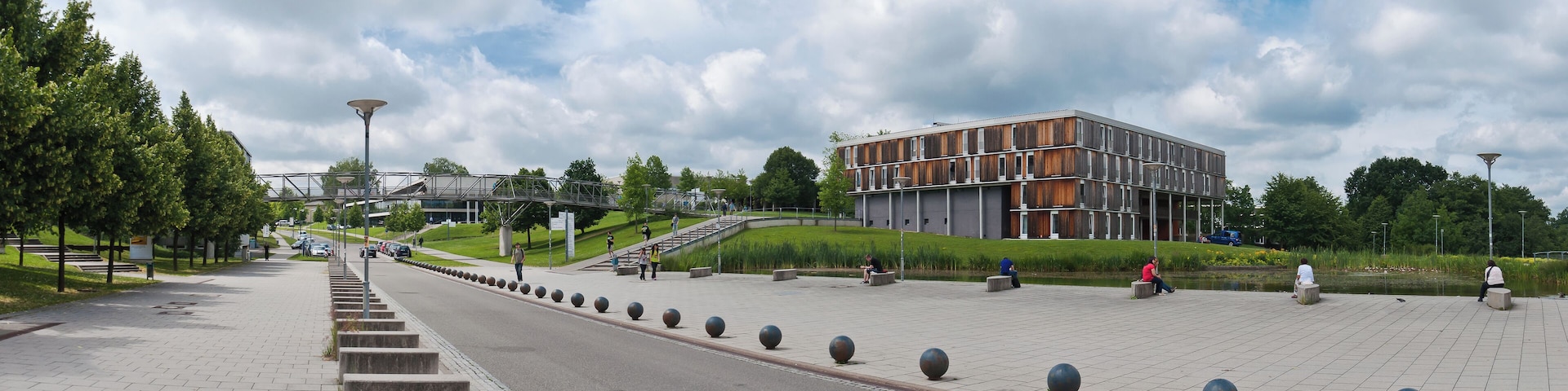 Panorama of "Internationales Zentrum", "Gastdozentenhaus" and the surrounding area on the campus of Stuttgart University, Germany.