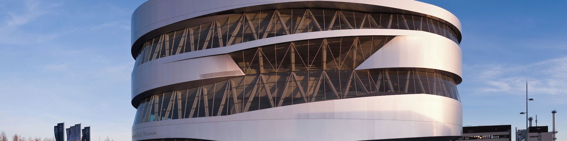 Mercedes-Benz Museum in Stuttgart, Germany, shortly before sunset.