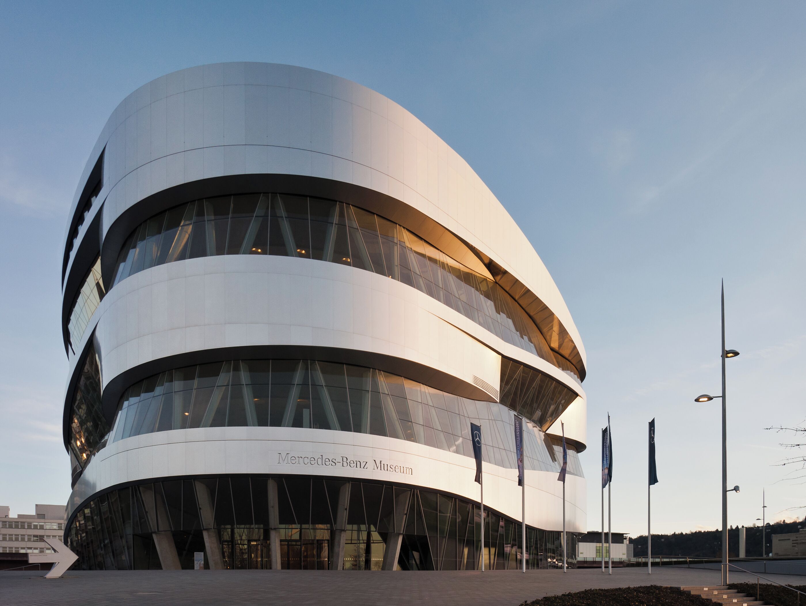 Mercedes-Benz Museum in Stuttgart, Germany, shortly before sunset.