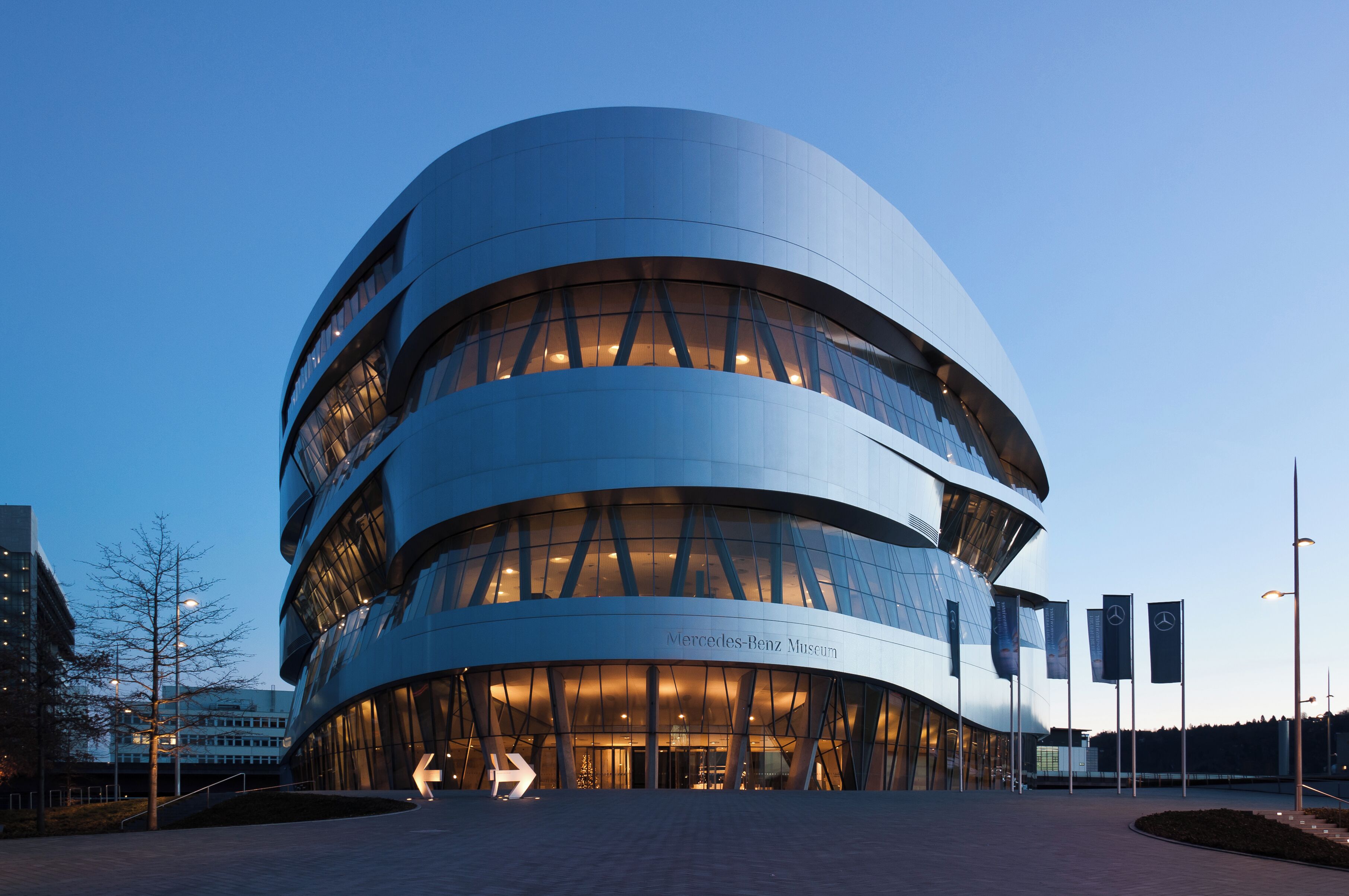 Mercedes-Benz Museum in Stuttgart, Germany, shortly after sunset.
