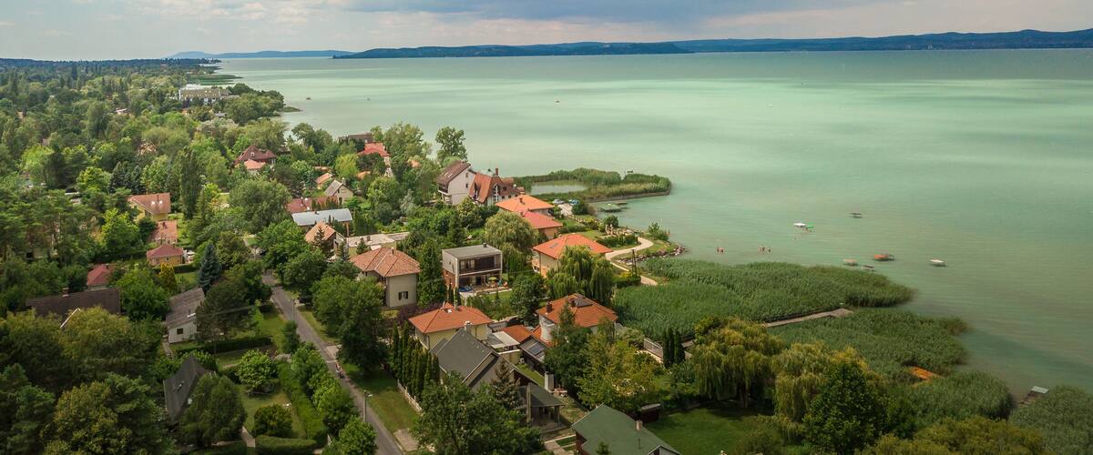 An aerial view of a lakeside village with houses, greenery, and boats.