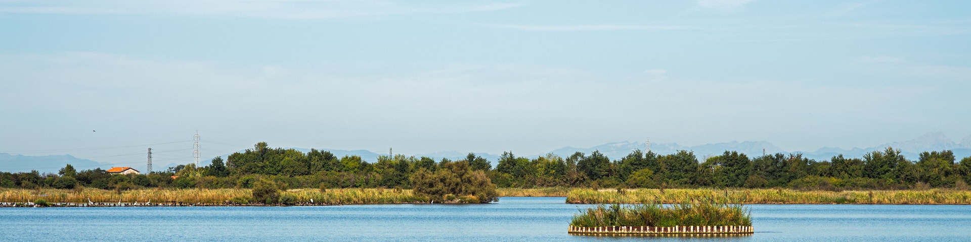 A calm lake with a small island in the center, surrounded by dense greenery and distant mountains.