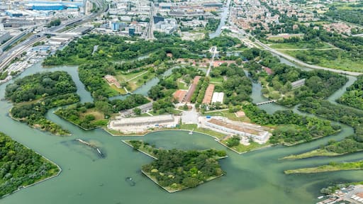 Aerial view of Forte Marghera in Mestre Italy former Austrian fortification protecting Venice with water filled moat, artillery bastion, barracks
