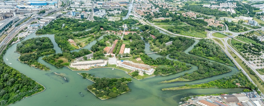 Aerial view of Forte Marghera in Mestre Italy former Austrian fortification protecting Venice with water filled moat, artillery bastion, barracks