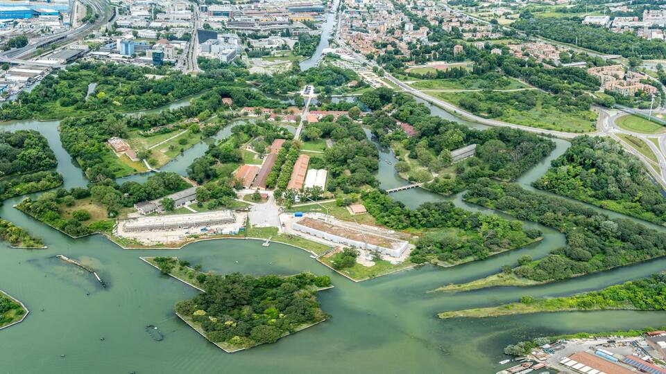 Aerial view of Forte Marghera in Mestre Italy former Austrian fortification protecting Venice with water filled moat, artillery bastion, barracks