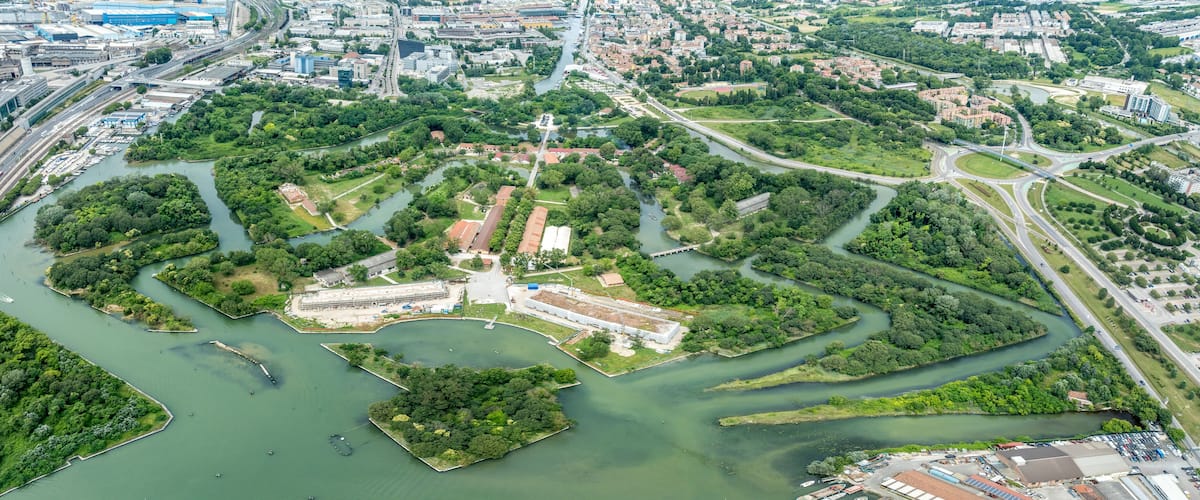 Aerial view of Forte Marghera in Mestre Italy former Austrian fortification protecting Venice with water filled moat, artillery bastion, barracks